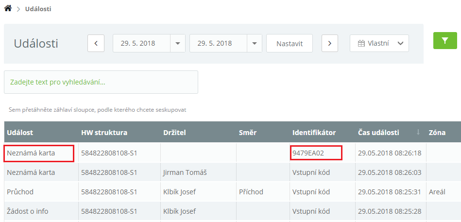 Obr. 6: Událost Neznámá karta